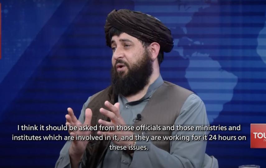 A screen-grab from an interview with the Islamic Emirate’s acting minister of defence, Mullah Mohammad Yaqoob Mujahid as he sat down for a one-on-one interview with TOLO TV, the nation’s largest private broadcaster. He is pictured mid-sentence as he answers a question.