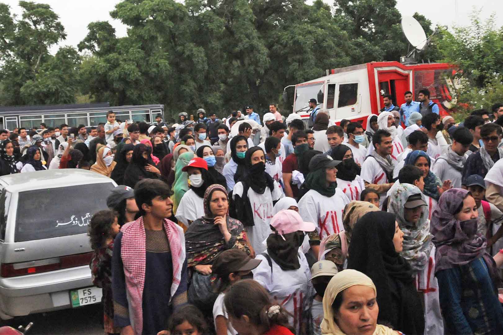 A group of Afghan refugees are pictured protesting in Islamabad, Pakistan, on May 19, 2022, demanding the United Nations High Commissioner for Refugees (UNHCR) to register them and help their asylum seeking process in Europe.