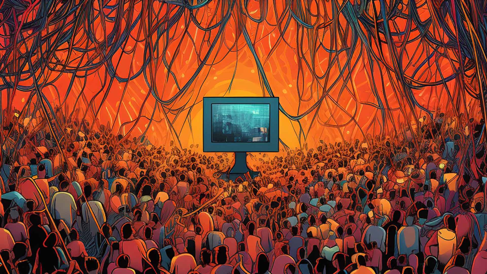 A graphic illustration showing a computer screen at the center. Above we see tangled cables hanging from the cieling. Below the computer we see crowds of people looking at the screen.