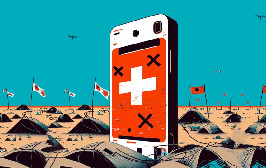 A graphic image shows a giant cellphone in the middle of a desert. There is a big white cross on a red background in its screen. In the horizon are non-descript flags. 