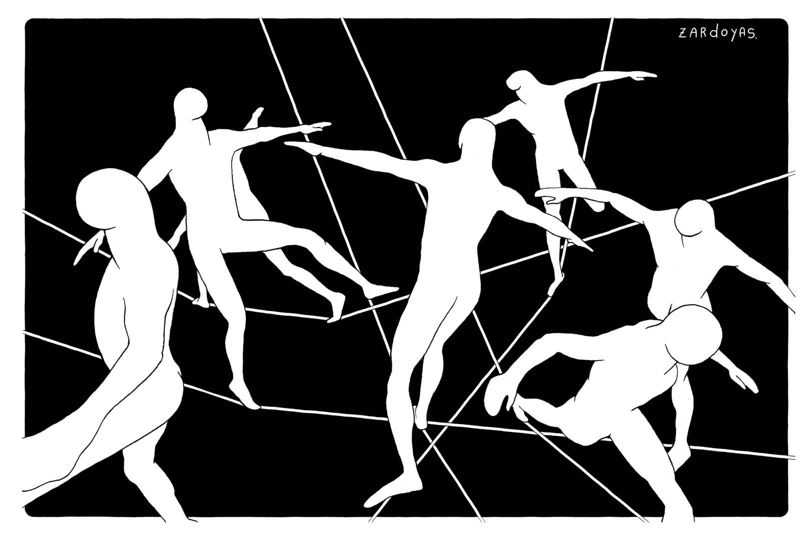 Illustration by Ramiro Zardoya. There are seven faceless people walking across interlinked tight ropes. 