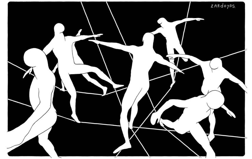 Illustration by Ramiro Zardoya. There are seven faceless people walking across interlinked tight ropes. 