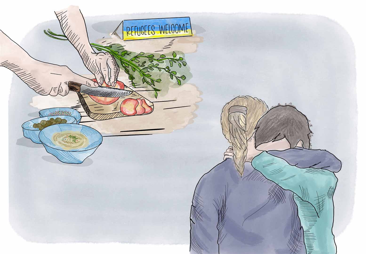 This is an illustration. At the top left we see hands chopping some vegetables over a chopping board, to the side we see hummus and a small sign with the Ukraine flag colors with the words "Refugees Welcome" on it. At the bottom right, we see an illustration version of Nadwa and her son Tammam embracing.