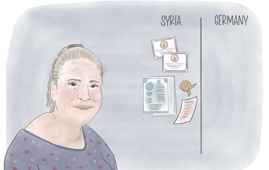 An illustration of Nadwa Jazzan. She is drawn to the left of the image. She is drawn smiling, without showing teeth. To her right is a tally. On one side there is Germany and on the other Syria. Under the Syria tally we see Nadwa's accolades, her German diploma and university diplomas.