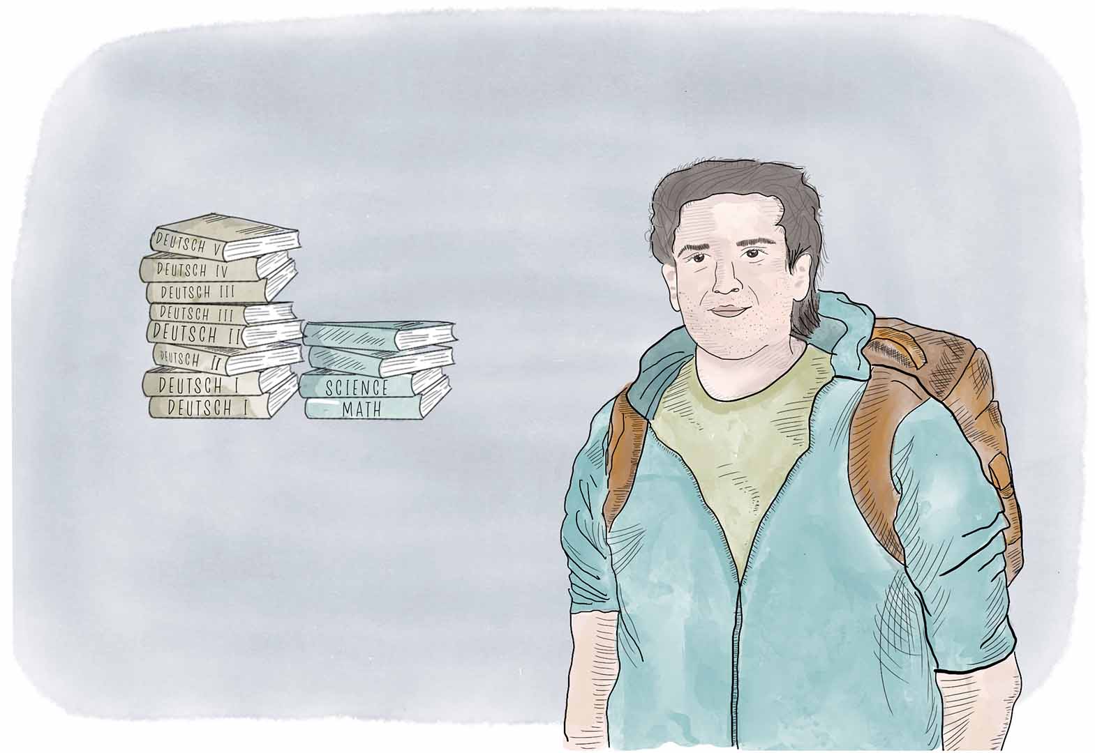An illustration showing a young man with a backpack on, German books are in the background.