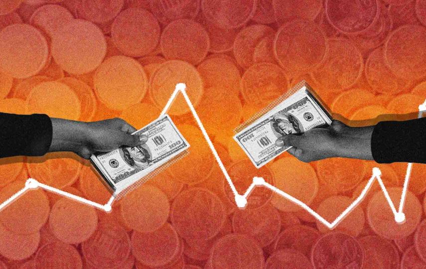 A graphic image made in a collage style. The background is a reflected gradient that goes from orange to burgundy. Overlayed on top of that is an image of Euro coins. There is a line graph with some peaks and some dips. On both sides we see an extended arm. Within the hands are dollar bills.