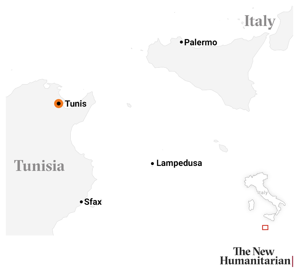 A map zoomed into the region of the Mediterranean Sea where Lampedusa, the largest island of the Pelagian Islands is. There's a locator dot showing its location as well as locator dots in both Tunisia and Italy. In Tunisia we see the capital of Tunis and the port city of Sfax. In Italy we see the city of Palermo.
