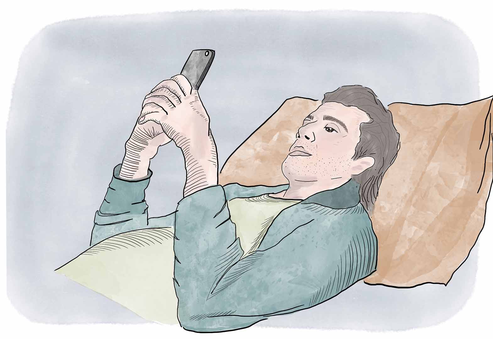 An illustration of a young man in bed looking at his phone.