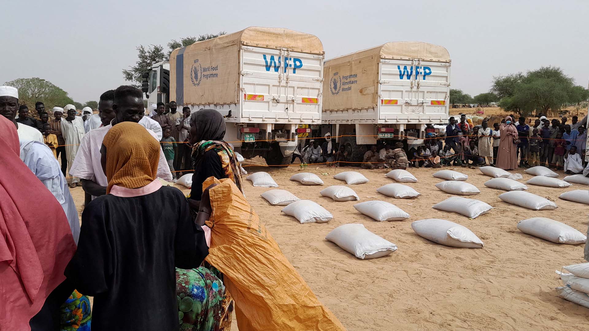 Pictured are Sudanese refugees at the side of the image waiting to receive aid in neighbouring Chad.  To the right we see two WFP trucks and on the floor sacks of food laid down in rows.