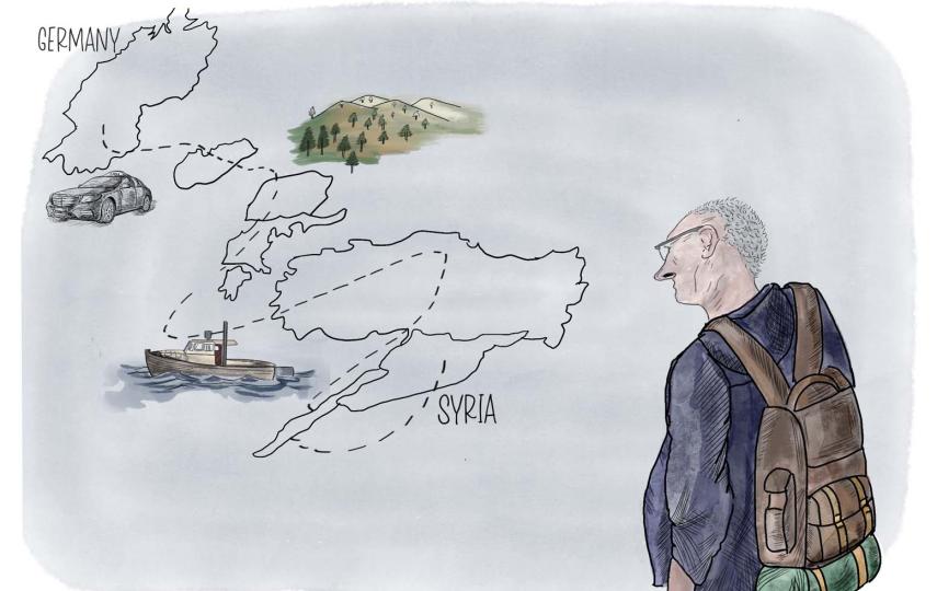 An illustration showing a man and a map. The man is placed at the bottom right corner, he is facing a map that shows Syria and Germany. A dotted line connects both countries.