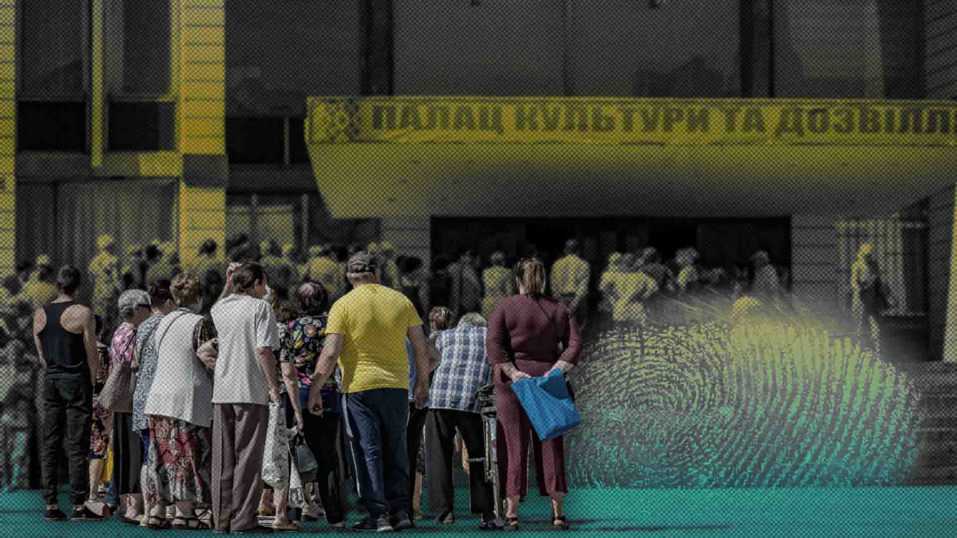 This is a graphically altered illustration, pictured are people wait in the entrance of the Culture Palace of Kostiantynivka to receive humanitarian aid. The supply of some goods was reduced drastically because the hard combats in the Donbas. The image is layered over a yellow and green gradient with an image of a fingerprint on top.